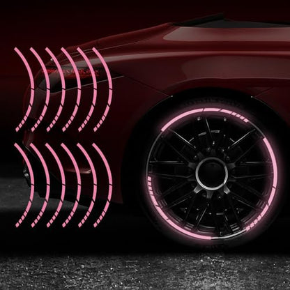 12PCS Reflective Car Wheel Stickers, Night Safety Warning Bicycle Stickers, Anti-Scratch Reflective Rim Decals for Car Motorcycle Cycling Bike (Pink) - color: Pink