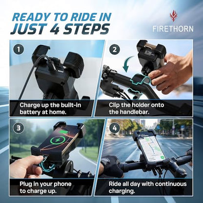 FIRETHORN Bike Phone Holder with Built in Rechargable Battery 5000 mAh - Motorcycle Mount, Handlebar Cell Phone Clamp, Scooter Clip, 4.7 to 6.8" Phone Types - iPhone 17, 16, 15 Plus, S20, Smartphones