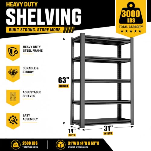 Heavy Duty Garage Shelving, 5-Tier Garage Storage Shelves, Adjustable Metal Shelving Unit, Steel Storage Rack for Garage Pantry Basement Warehouse, Black, 31" W x 14" D x 63" H - size: 5TIER-31"W X 14"D X 63"H