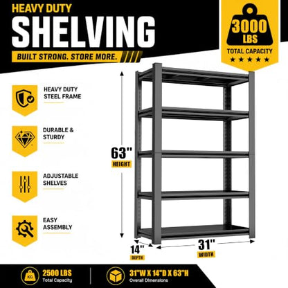 Heavy Duty Garage Shelving, 5-Tier Garage Storage Shelves, Adjustable Metal Shelving Unit, Steel Storage Rack for Garage Pantry Basement Warehouse, Black, 31" W x 14" D x 63" H - size: 5TIER-31"W X 14"D X 63"H