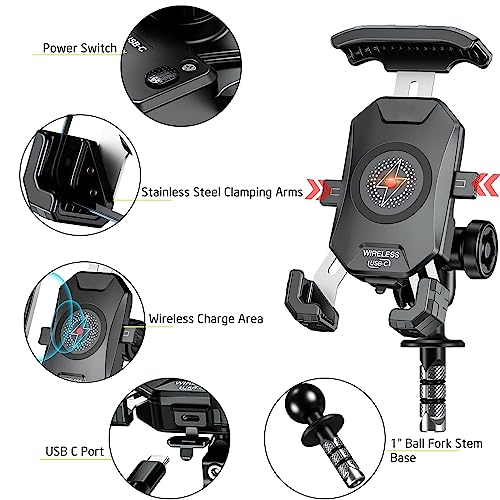 iMESTOU Motorcycle Fork Stem Phone Mount Wireless/USB C Charger with RAM 1" Ball Fits for Kawasaki, Ducati, Honda, BMW etc. with Fork Hole Dia. 0.47"-1" Quick Charge for 4.0"-6.8" Smartphones - style: Wireless & USB C Charge- Fork Stem Style