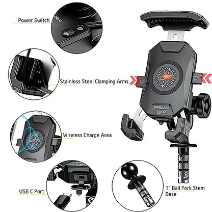 iMESTOU Motorcycle Fork Stem Phone Mount Wireless/USB C Charger with RAM 1" Ball Fits for Kawasaki, Ducati, Honda, BMW etc. with Fork Hole Dia. 0.47"-1" Quick Charge for 4.0"-6.8" Smartphones - style: Wireless & USB C Charge- Fork Stem Style