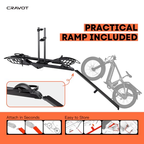 CRAVOT CyberRack E2 Hitch 2 EBike Rack with Ramp, 200 lbs Capacity Electric Bike Carrier Foldable Platform Mount, Up to 5-inch Fat Tire Bicycle for 2'' Receiver Cars Trucks SUVs Minivans RV, Trailer - size: E2 200lbs