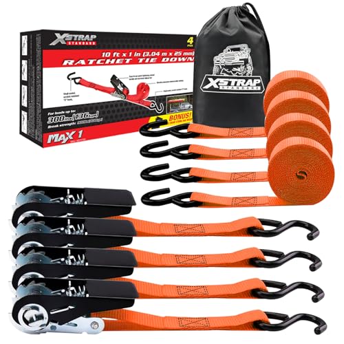 XSTRAP STANDARD Ratchet Tie Down Straps 4 Pk 10 Ft- 300 Lbs Load Cap- 900 Lbs Break Strength-Cargo Straps for UTV, ATV, Pickup,Truck, Moving Appliances, Lawn Equipment, Orange - color: Orange, size: 4pk 1inchx10ft