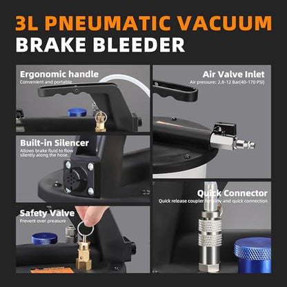 FOUR UNCLES Brake Bleeder Vacuum Pump Kit - Pneumatic Brake Fluid Extractor with 1L Refilling Bottle for Brake Fluid Bleeding, One-Person Operation - size: 3L