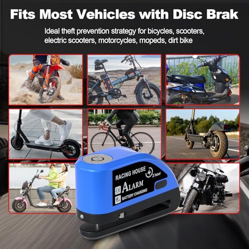 JAGASOL Motorcycle Lock Rechargeable, Alarm Disc Brake Lock with Reminder Cable, 110 dB Alarm Sound, Anti-Theft Waterproof, 2 H Fast-Charging, 9 Months Standby, 7 mm Lock Pin Universal for Bikes