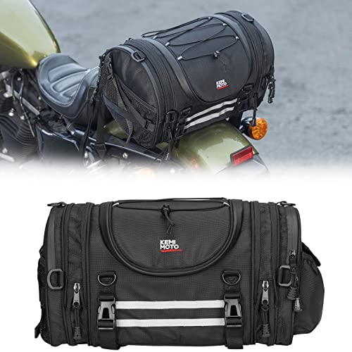 KEMIMOTO Motorcycle Tail Bags 18-20L Expandable Sissy Bar Bag Water-Resistant Rear Seat Roll Luggage Hard Shape with Rain Cover & 4 Straps