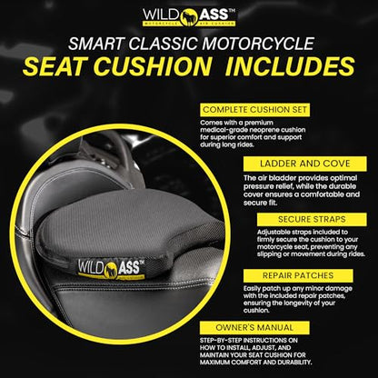 Wild Ass Saddle Classic - Motorcycle Air Gel Seat Pad, Ergonomic Air-Adjusting Cushion with Straps, Universal Fit for Ultimate Comfort & Relief, Cool Flow Motorcycle Accessory for Long Rides - Black - style: Classic