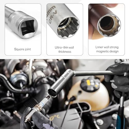 14mm Spark Plug Socket, 9/16" Magnetic Spark Plug Socket, 3/8" Drive x 12" Extended 360 Degree Swivel Thin Wall Spark Plug Removal Tool, 12 Point Spark Plug Removal Wrench