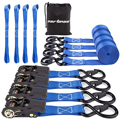Cartman Ratchet Tie Down Straps 4PK 2,000lb Max Break Strength with Premium 1" x 15' Rachet Tie Downs with Padded Handles, 4PK 1" x 18" Soft Loop for Moving, Securing Cargo - style: 4PK Blue