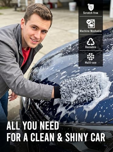 TAKAVU Car Wash Mitt Scratch Free, 2 Pack Microfiber Wash Mitts for Auto Detailing, Soft Lint Free Cleaning Gloves, Holds Sudsy Water, Machine Washable (Black & White) - color: Black