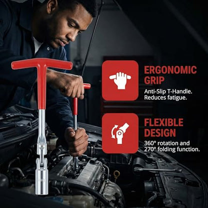 Spark Plug Socket Wrench T-Handle, Universal Spark Plug Remover and Installer Tool for Motorcycles, Small Motor Vehicles, Lawn Mowers, 6mm (5/8") & 21mm (13/16") Sizes