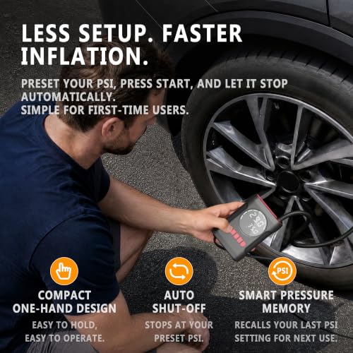 ROCGORLD R6 12V DC Tire Inflator Portable Air Compressor, Car Air Pump with Dual Digital Display, Preset Pressure, Auto Shut-Off, 3 Light Modes, Plug-In Tire Pump for Cars, Motorcycles, Bikes, Balls