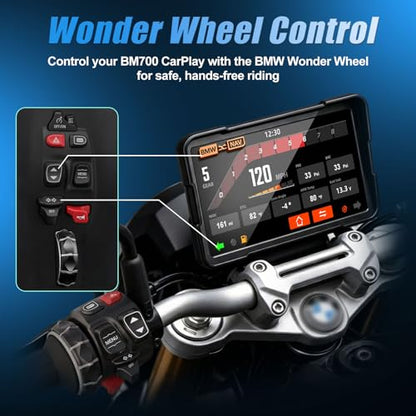 LBW 7" Motorcycle CarPlay Fit for BMW, Native Wonder Wheel Control, Data Reading, Wireless Bluetooth, GPS Navigation System, 1200 Nits IP69K Waterproof Touch Screen, Plug&Play, Android Auto/Siri/TPMS - size: BM 7"+Native control+Lossless Installation