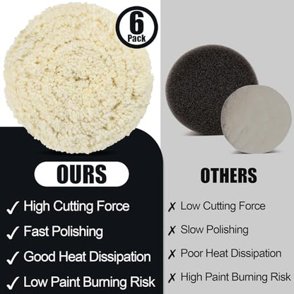 3 PCS Wool Buffing Polishing Pads 6 Inch, Natural Wool Cutting Pads with Hook and Loop Backing Compound & Polishing for Automotive Car Boats Glass Furniture Repair - size: 6" -3P