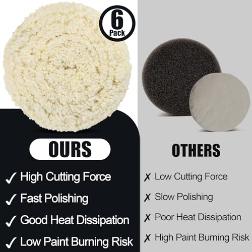 6 PCS Wool Buffing Polishing Pads - 8 Inch Natural Wool Cutting Pads with Hook and Loop Backing Compound & Polishing for Automotive Car Boats Glass Furniture Repair - size: 8" -6P