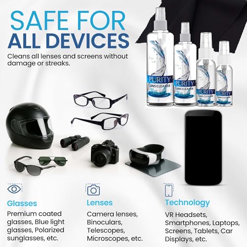 Purity Eyeglass Cleaner Family Pack - Multi-Size Lens Cleaner Kit - 1x1oz, 1x2oz, 1x4oz, 1x8oz Bottles + 4 Premium Microfiber Cloths - Safe for All Lenses, Eyeglasses, & Screens - Streak-Free Formula - style: 8 Piece Set - (1oz + 2oz + 4oz + 8oz Lens Spra