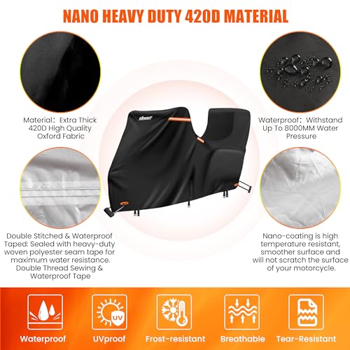Motorcycle Cover with Side + Top Box, 420D Heavy Duty Nano-Coated, Touring Bike Cover, 5 Reflective Strips,Air Vents,3 Windproof Buckles,Antenna Zipper - color: Black, size: Side+Top Box(118"x44"x56")