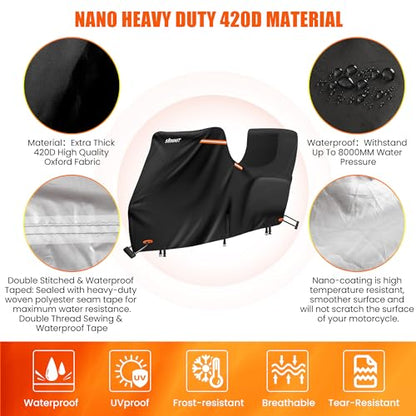 Motorcycle Cover with Side + Top Box, 420D Heavy Duty Nano-Coated, Touring Bike Cover, 5 Reflective Strips,Air Vents,3 Windproof Buckles,Antenna Zipper - color: Black, size: Side+Top Box(118"x44"x56")