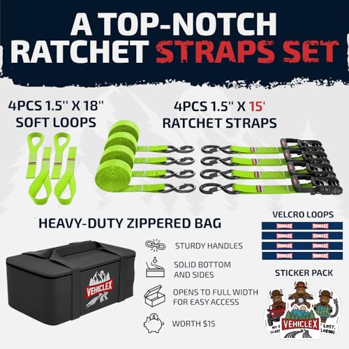 Vehiclex 1.5" x 15 ft 4,400 lb Heavy Duty Ratchet Tie Down Straps with Soft Loops – 4PK for Cargo & Equipment – Green - color: Lime Green, size: 15 ft - 4 Pack