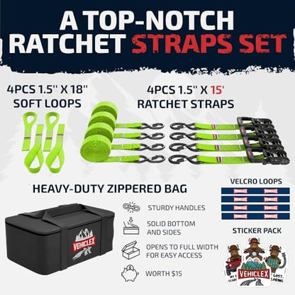 Vehiclex 1.5" x 15 ft 4,400 lb Heavy Duty Ratchet Tie Down Straps with Soft Loops – 4PK for Cargo & Equipment – Green - color: Lime Green, size: 15 ft - 4 Pack