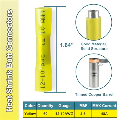 60PCS Heat Shrink Butt Connectors, Insulated Waterproof Butt Connectors 12-10 AWG for Wiring, Marine, Automotive (Yellow) - size: 12-10 AWG (60 pcs)