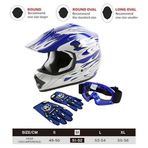 SLMOTO Dot Youth & Kids Motocross Offroad Street Helmet Motorcycle Helmet Dirt Bike Motocross ATV Helmet+Goggles+Gloves Blue Flame Design - color: Blue Frame, size: Medium