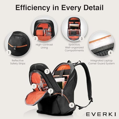 EVERKI Glide 26.5L Laptop Backpack – Reflective Strips for Motorcycle, Business Travel Backpack Carry On Flight Approved with Laptop Compartment & Corner Protection, Fits Laptops up to 17.3" - Black - size: 26.5 Liters