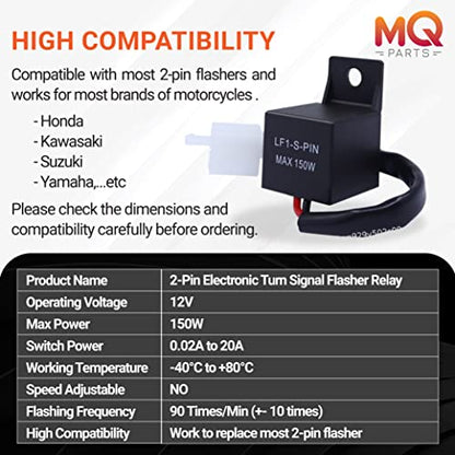 2 Packs 2-Pin 12V Electronic LED Flasher Relay LF1-S-PIN MAX 150W - Rate Control Flasher Relay for Motorcycle Fixes Turn Signal Bulbs Hyper Flash - Premium Part by MQparts