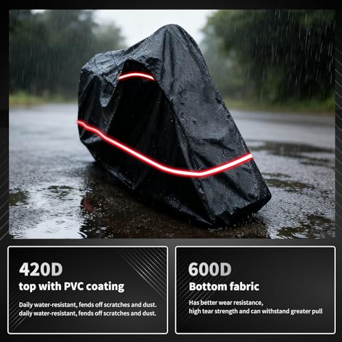 Full Enclosed Motorcycle Cover - Waterproof for Outdoor & Indoor Storage,600D Heavy Duty with Reflective Strips,Fits Scooters & Touring Motorcycles up to Length 108" x 45" x 59" Black - size: 108"L-45"W-59"H