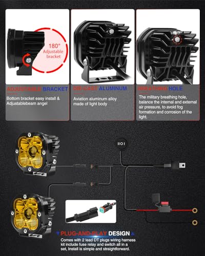 3 inch Yellow LED Fog Light Pods for Offroad Trucks Pickup Motorcycle UTV Amber Ditch/Rear Chasing/A-Pillar Lights 3000K 2PCS(+DT Wiring Harness) - size: 3 inch Yellow