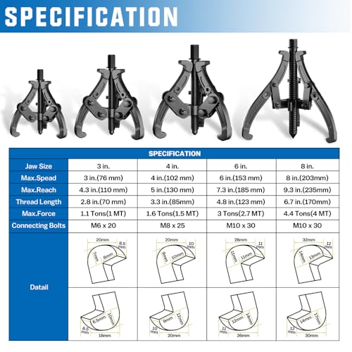 XIIW 3'' 4'' 6'' Gear Puller Set, 3 Jaw Bearing Puller with Reversible Jaws, 2 Jaw / 3 Jaw Pulley Puller Tool for Pulley Gear Bearing Flywheel Removal, 4pcs Gear Extractor Tool 1.1t/1.6t/3.0t - size: 3-Jaw Bearing Puller 3'' 4'' 6''