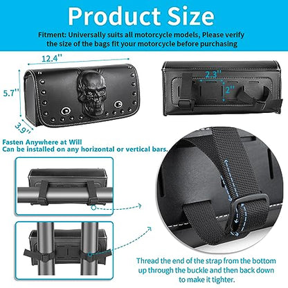 Universal Motorcycle 3D Skull Tool SaddleBags Front Fork Handlebar Bag PU Leather Sissybar Storage Pouch Compatible with Harley Dyna Scooter Softail Sportster Road King Kawasaki Suzuki