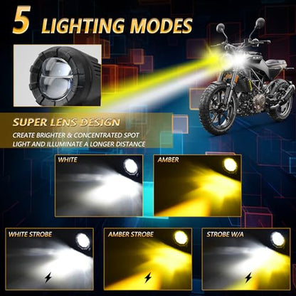 Windance Motorcycle Spotlight Auxiliary Driving Light,30W Fog Light Work Light with Wiring Harness,White Yellow High/Low Beam Strobe for ATV UTV Tractor Scooter (Spotlight+Wiring Harness+Bracket)