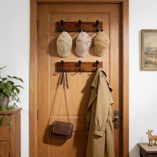 WEBI Coat Rack Wall Mount,17" Solid Wood Coat Hooks Wall Mounted Coat Hanger,16" Hole to Hole,Heavy Duty 3 Triple Hooks for Hanging Coats,Jacket,Hat,Backpack,Farmhouse,Reddish Brown,2 Packs - color: Reddish Brown, size: 17 Inch(2 Pcs)