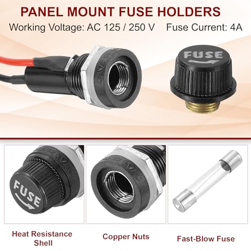 MECCANIXITY 5 Pcs Panel Mount Fuse Holder, 10/15A AC 125/250V 6 x 30mm Fuse Spade Terminal Screw Cap Fuse Holders with Pre-Soldered Wires and 4A Glass Tube Fuses - size: 6X30mm, style: 4A