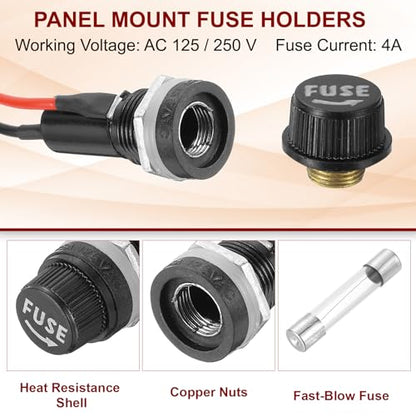 MECCANIXITY 5 Pcs Panel Mount Fuse Holder, 10/15A AC 125/250V 6 x 30mm Fuse Spade Terminal Screw Cap Fuse Holders with Pre-Soldered Wires and 4A Glass Tube Fuses - size: 6X30mm, style: 4A