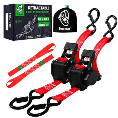Retractable Ratchet Straps (Patented-2pack) - 1 inch x 10Feet (1,800lb Break Strength) Auto Self Retracting Tie Down Straps - Self Retractable Straps with Refletcive for Motorcyle, Truck or Cargo - color: Red, size: 2-Pack