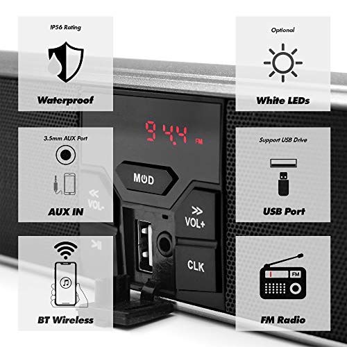 GoHawk Motorcycle Speakers Bluetooth Waterproof with LED Lights, AUX/FM Radio Stereo Sound System Built-in Amplifier, USB MP3 Music Player for Motorcycle, ATV - color: RE9-X Silver