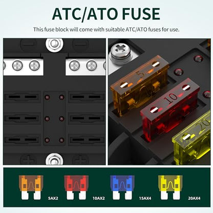 DaierTek 12V Fuse Block 6 Way 12 Volt Fuse Box ATO/ATC Marine Fuse Panel with LED Indicator Light Waterproof 24V for Automotive Boat Car Truck - size: 6 Way