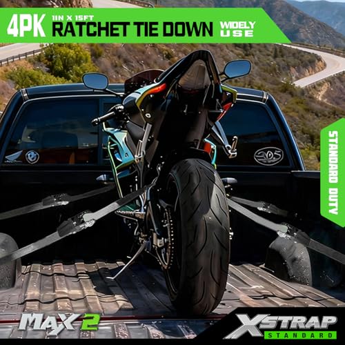 XSTRAP STANDARD Motorcycle Ratchet Tie Down Straps - 4 Pk 1'' x 15 Ft 1890 Lbs Break Strength-Cargo Straps with Integrated Soft Loops, Padded Handles & Coated Safety Clip for Motorcycle, Truck(Black) - size: Black-1890 lbs