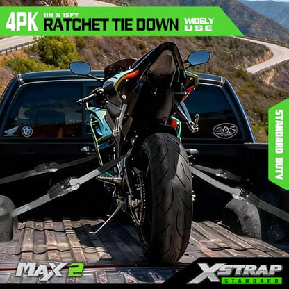 XSTRAP STANDARD Motorcycle Ratchet Tie Down Straps - 4 Pk 1'' x 15 Ft 1890 Lbs Break Strength-Cargo Straps with Integrated Soft Loops, Padded Handles & Coated Safety Clip for Motorcycle, Truck(Black) - size: Black-1890 lbs