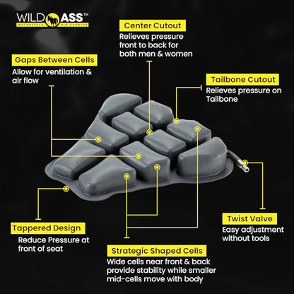 Wild Ass Sport Classic- Motorcycle Air Gel Seat Pad, Ergonomic Air-Adjusting Cushion with Straps, Ultimate Comfort & Relief, Cool Flow Motorcycle Accessory for Long Rides - Black - style: Classic