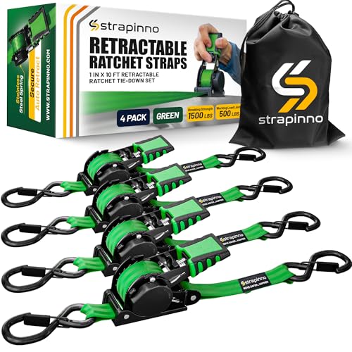 Strapinno Retractable Ratchet Straps (4-Pack), 1 in x 10 ft, 1,500LBS Break Strength, Most Durable Straps and Core, Auto Self Retracting Tie Downs for Truck, Moving, Motorcycle, Bike, Jetski, Kayak - color: Green Strap, Black Coated