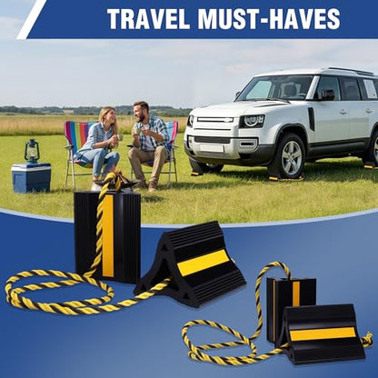 WORKPRO 4-Pack Rubber Wheel Chocks with Rope & 3 Reflective Strips, Heavy Duty Non-Slip Tire Stoppers for Cars, SUVs & Trailers, Rubber Wheel Wedges for Garage & Driveway