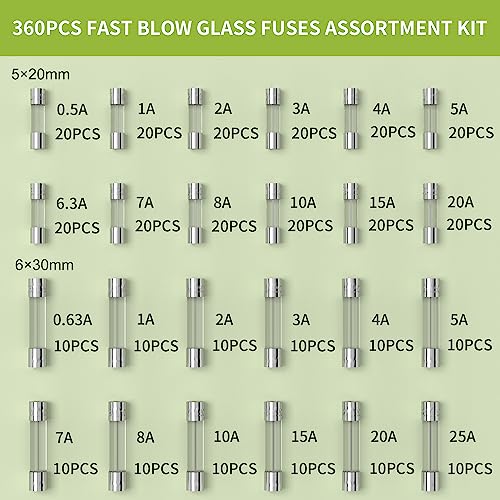 Joinfworld 360Pcs Fast Blow Glass Fuses Assortment Kit + 5 Pack Panel Mount Fuse Holder 5x20mm