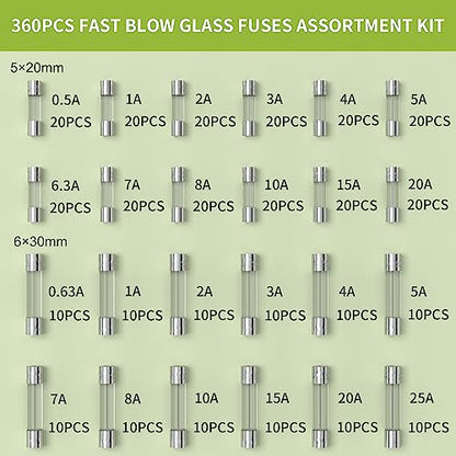 Joinfworld 360Pcs Fast Blow Glass Fuses Assortment Kit + 5 Pack Panel Mount Fuse Holder 5x20mm