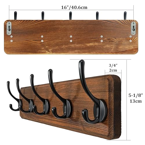 WEBI Coat Rack Wall Mount,Coat Hooks Wall Mounted,16" Hole to Hole,Coat Hanger Wall,Hook Rack Rail,5 Hooks for Hanging Jacket,Clothes,Hats,Rustic Brown - color: Brown Wood/Black Hook, size: 17.3 Inch-5 Hooks