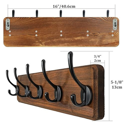 WEBI Coat Rack Wall Mount,Coat Hooks Wall Mounted,16" Hole to Hole,Coat Hanger Wall,Hook Rack Rail,5 Hooks for Hanging Jacket,Clothes,Hats,Rustic Brown - color: Brown Wood/Black Hook, size: 17.3 Inch-5 Hooks