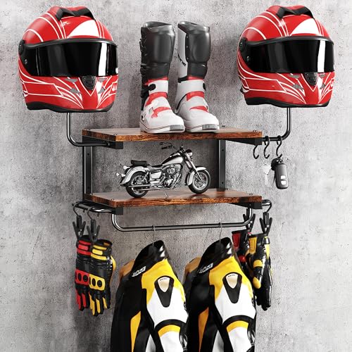 Motorcycle Helmet Holder Wall Mount, 2-Tier Helmet Rack with 2 Hat Stands, Motorcycle Accessories Gear Storage Organizer Display for Men Jackets, Caps in Garage, Living Room (Rustic Brown) - color: Rustic Brown